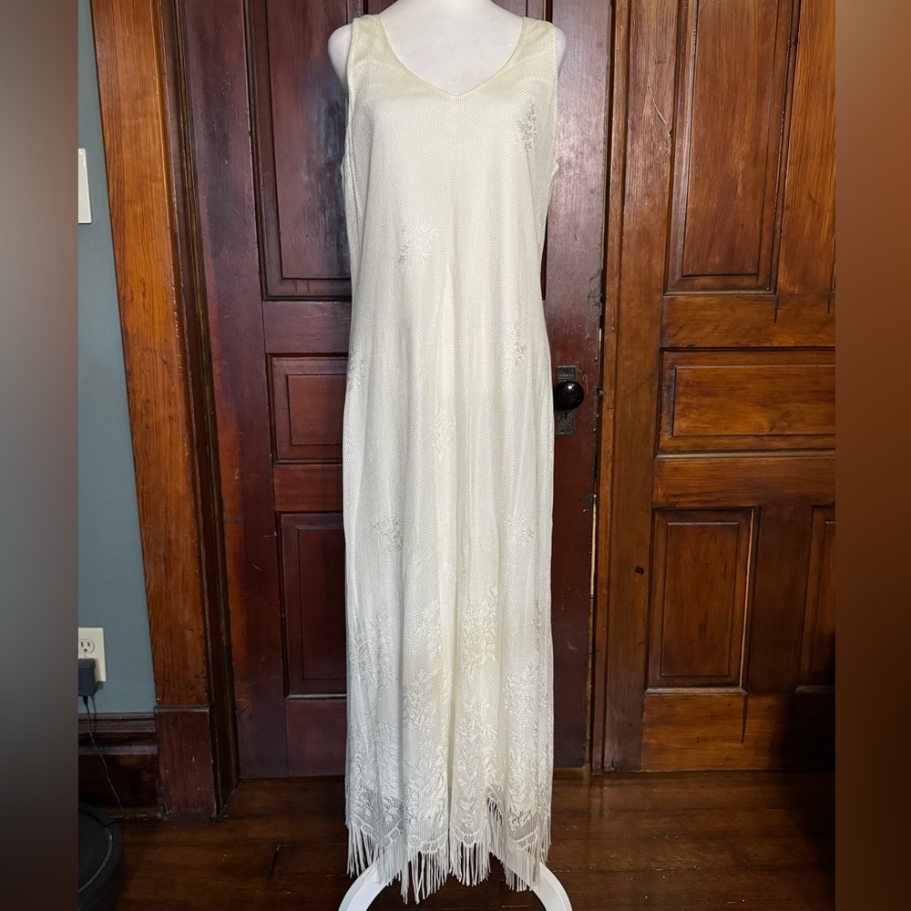 Vintage Harlow Maxi Length Flapper Style Dress Ivory Size 12 Scalloped Fringe
